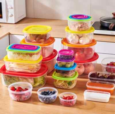 7pcs Plastic Food Storage Box Lid Stackable Rainbow Square Container BPA FREE