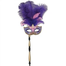 Purple Feathered Mardi Gras Mask with Stick Mardi Gras Half Masks Party Wearable