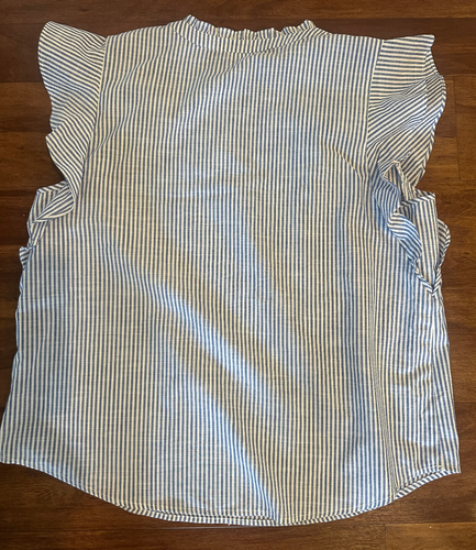 LIZ CLAIBORNE Blue & White Stripe Sleeveless Cotton Shirt Large Ruffles V-neck - Picture 4 of 4