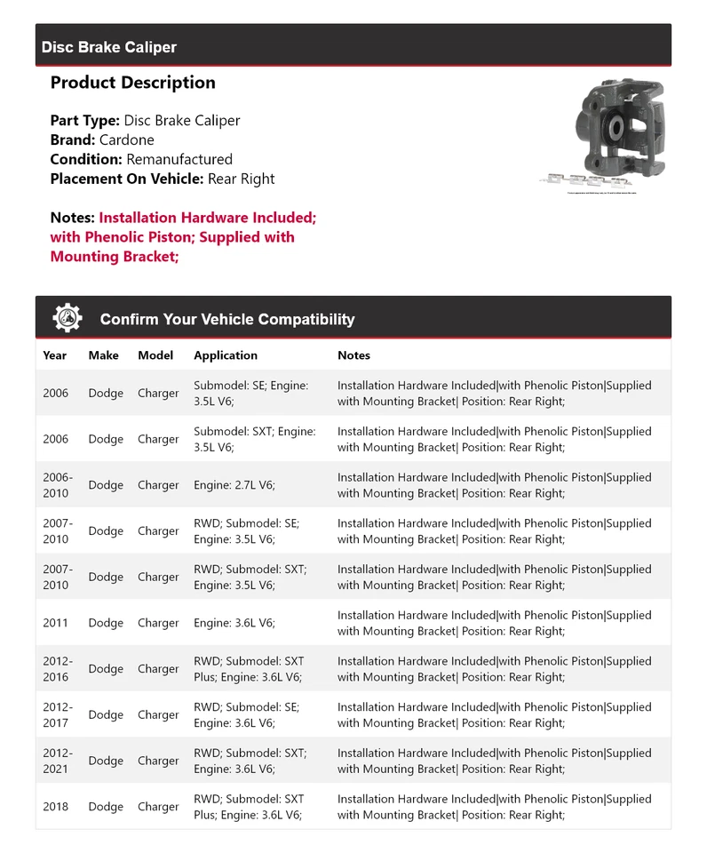Pinza de freno de disco trasera derecha Cardone 2007 2008 2009 para Dodge Charger 2006-2021 Foto 2 de 4
