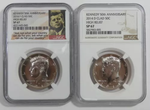 2014-P & 2014-D Clad 50c Kennedy 50th Anniversary High Relief NGC SP 67