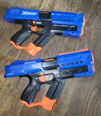 LOT OF 2 XSHOT X-SHOT ZURU BLUE ORANGE CHAOS RXB 0060 FOAM METEOR BALL GUNS