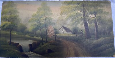 Early to Mid 19th century Farmhouse Landscape Oil Painting Signed by Artist