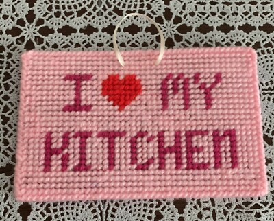 Handmade Needlepoint Pink Sign I Love My Kitchen Cook Bake Food Recipe Brand New