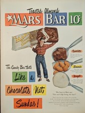 1951 vintage Mars candy bar print ad. Post World War II.