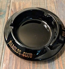 Vintage Reno Nevada Harold's Club Round Black Glass Gold Letters Ash Tray 4" D