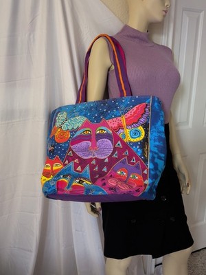 Laurel Burch Cat Colorful Cats LARGE Tote Travel Bag Pockets Zipper NEW
