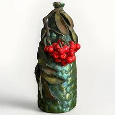 Antique Art Nouveau Vase Iridescent Lustre Applied Red Berries Leaves Vines Vtg