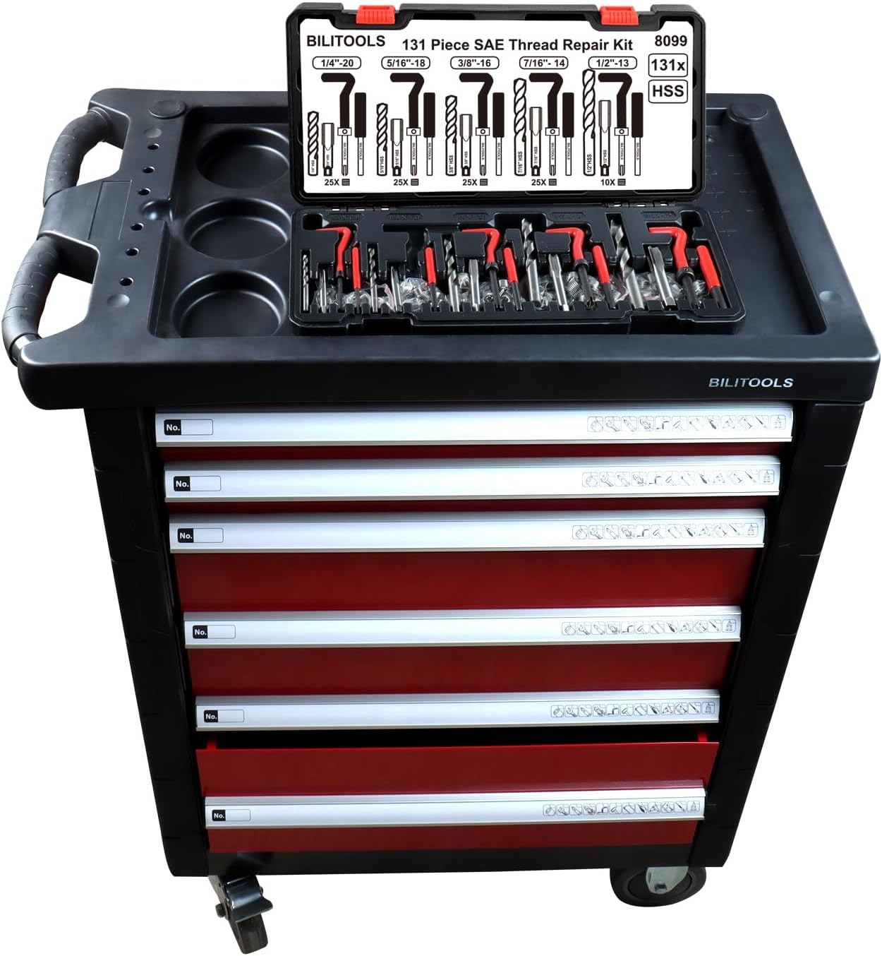 BILITOOLS Helicoil Thread Repair Kit SAE, 131-Piece HSS Drill 1/4 - 1/2 Inch 