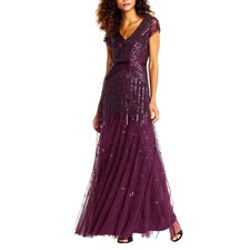 Adrianna Papell Prom Beaded Sequin Gown V-Neck Dress XS Purple Formal Event