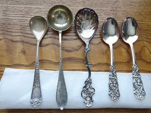 5 Norwegian 830S Silver Spoons, Ladle etc. Norway Antique to Recent. 129.6g