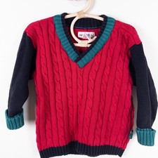 Vintage 90s Gymboree Sweater Red Colorblock Cable Knit V-Neck Cotton Kids 3T