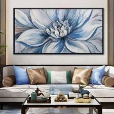 Pogusmavi Blue Floral Wall Art for Living Room - Large Textured Flower Pictur...