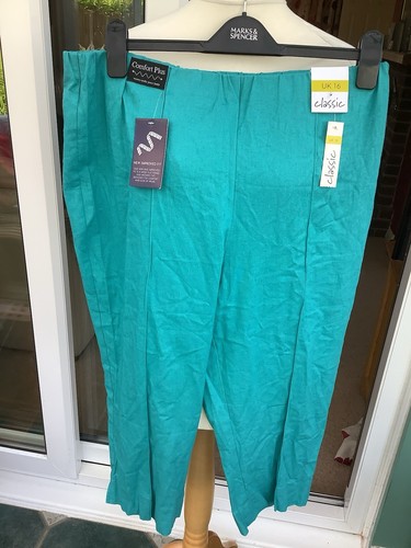 new tags uk 16 classic aqua green cropped linen mix pull on trousers