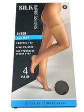 Silk Impressions Sheer Control Top Pantyhose Size Small 4 Pairs Coffee Bean NEW