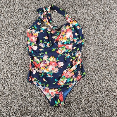 Womens Sz 2XL One Piece Halter Style Swimsuit Blue Bright Floral Print
