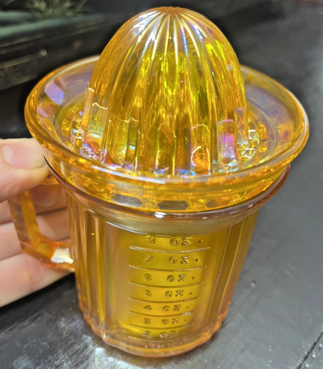 Vintage Amber Marigold Carnival Glass Citrus Juicer & 8oz Measuring Cup 2pc Set