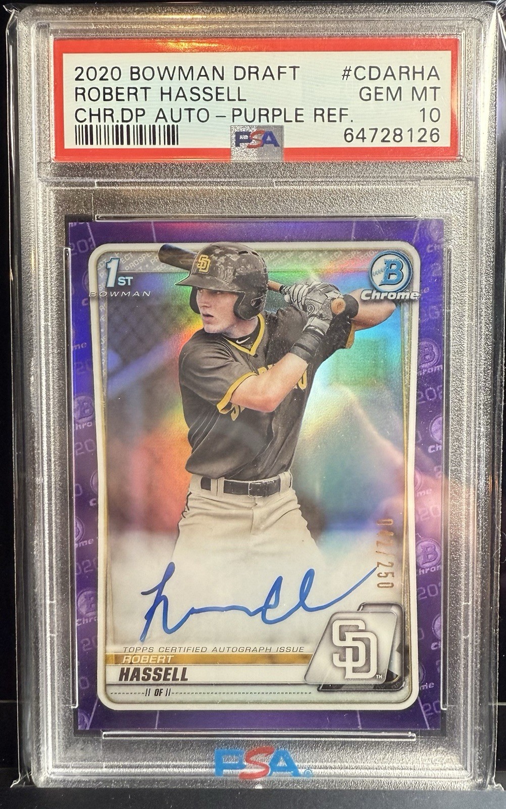 2020 Bowman Draft Chrome ~ Robert Hassell ~ Auto ~ Purple /250 PSA 10