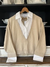 Derek Lam 10 Crosby Rida Mixed Media Cashmere-Blend Sweater Women's Tan Lg New