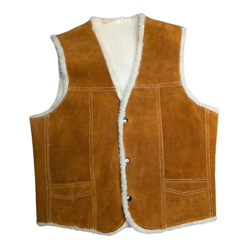 1970's Rust Brown Genuine Suede Snap Front Faux Sherpa Lined Vest Handmade