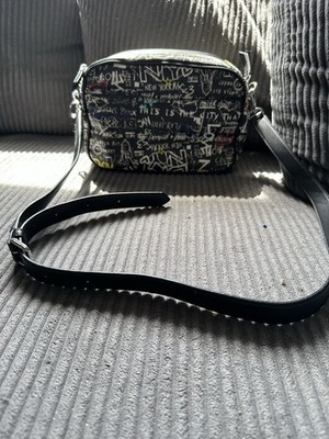DKNY Black Graffiti Print Small Crossbody Bag Zip Closure Silver Hardware