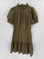Alice + Olivia Vida Dress Womens 8 Olive Green Puff Sleeves Pleated Ruffles Zip