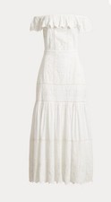 Lauren Ralph Lauren White Eyelet Off Shoulder Cotton Maxi Tiered Dress Sz 10 NWT