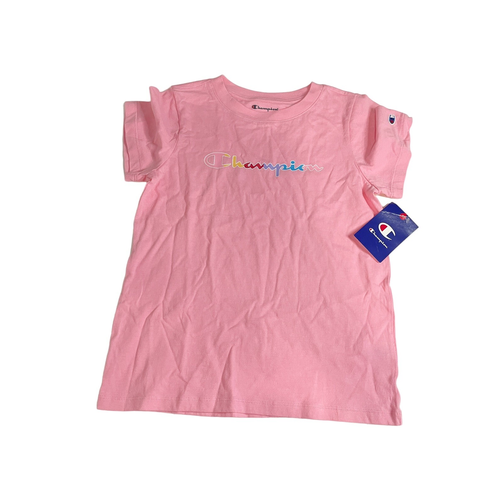 Champion Girls Rainbow Script Logo Classic Tee Spark Pink Size 14 New