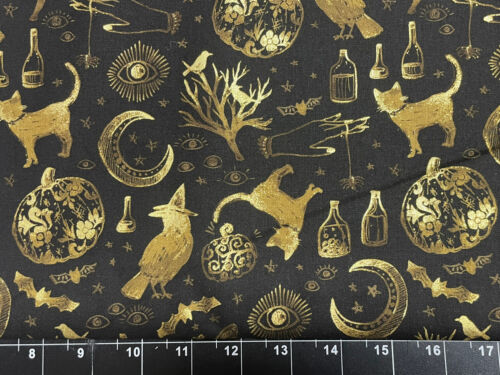 Tina Scrap 7"x21" SKULLS Metallic Cat Witch Bat GOTHIC HALLOWEEN FABRIC COTTON
