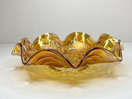 Antiguo cuenco con volantes de vidrio de carnaval imperial caléndula iridiscente pensamiento y arcos 9" - Imagen 7 de 12