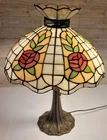 Tiffany Style Two Lights Table Lamp Stained Glass Roses Mahogany Bronze Base
