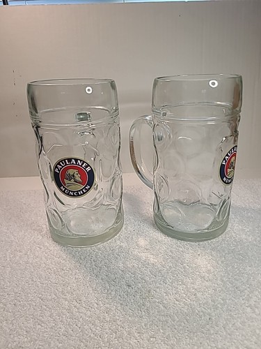 2 Stück ein Liter Paulaner München Bierstein Glaskrug Grübchen Oktoberfest