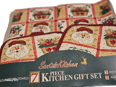 New Santa s Kitchen 7 Pc Kitchen Gift Set Velour Dish Towels Pot Holders Spatula