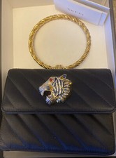 GUCCI BROADWAY RAJAH Brooch Clutch G03754 Blk Silk Quilt Brass Circle Handle