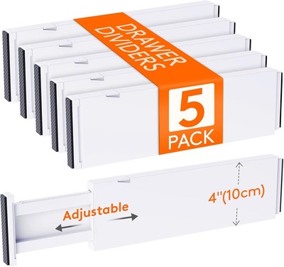 Lifewit 5 Pack Drawer Dividers Plastic 4'' High, 13.5-22'' Large, White 