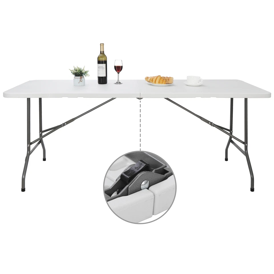 6' Folding Table Plastic Fold-in-Half Picnic Party Camp Dining White Portable - Image 2 of 4
