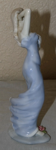 Porcelain Elegant Woman Figurine in Flowing Blue Dress & Flowers on Base 9” Tall - Picture 7 of 11
