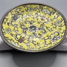 Vintage Japenese Porcelain Ware Pewter Encased Bowl Decorated In Hong Kong M2454