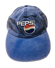 Vtg 90's - PEPSI LOGO EMBROIDERED CAP HAT POP SODA - BLUE DENIM STRAPBACK BRASS