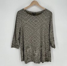 Lucky Brand Womens Floral Boho Top Size 1X Green 3/4 Sleeve Paisley Pullover