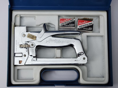 Swingline Power Gun 1000 Made in USA. Staple Gun. Original Case Plus Attachments