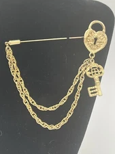 Vintage Goldtone Lock And Key Brooch Charm Double Chain Dangle Pin - Beautiful!