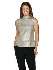 H by Halston Sleeveless Foil Printed Mock Neck Top Gold Medium
