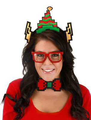 Adult Pixel-8 8-Bit Holiday Pixel Elf Hat Glasses Bow Tie Costume ...