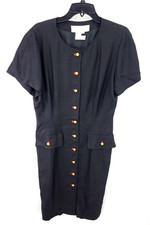 Starington Dress Womens 12 Vintage Black Linen Blend Gold Buttons Pocket Sheath