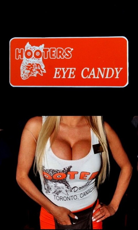 Hooters Uniform Eye Candy Name Tag Pin  Rolo Play Holiday Lingerie Casino Waitre