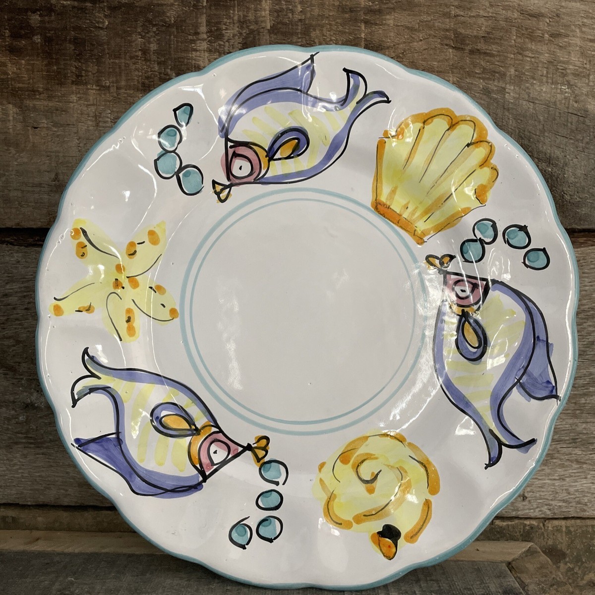 Italian Hand Painted Dinner Plate Fish Starfish Seashell Ruffled