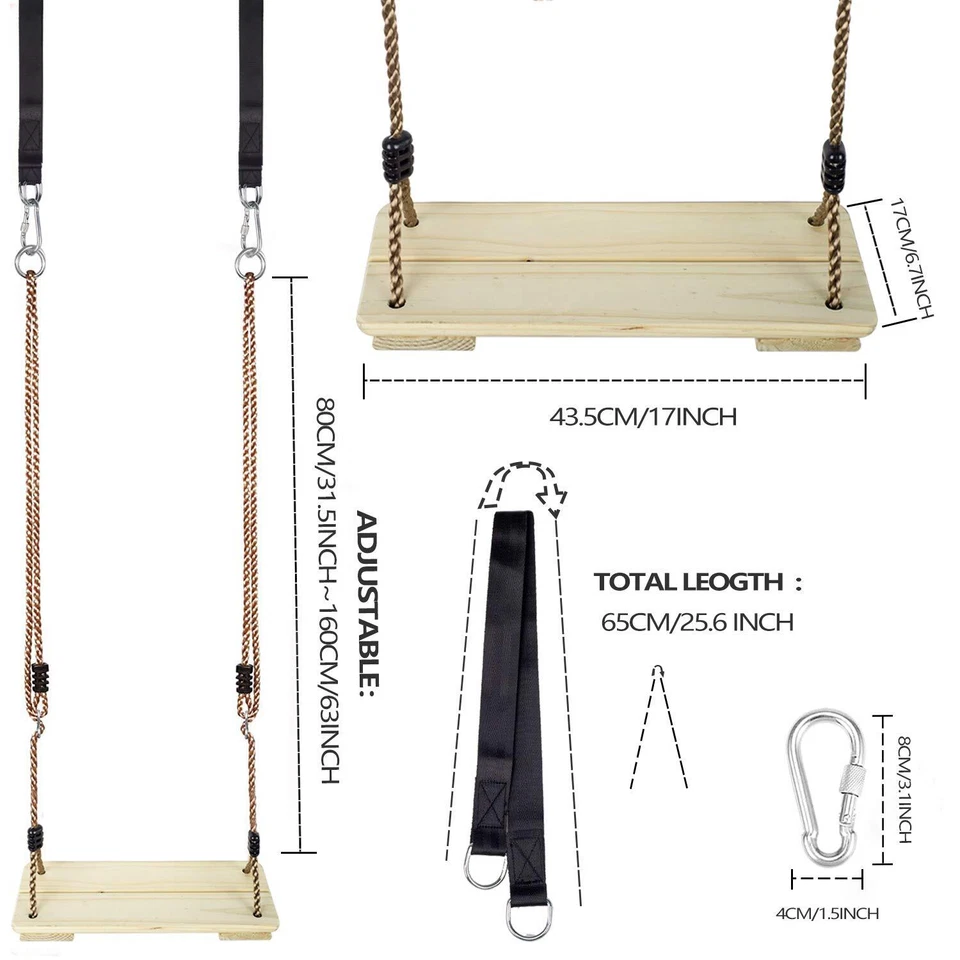 Asiento Columpio de Madera, Columpio de Madera Exterior Nostálgico para Niños, Columpio de Árbol para Adultos Foto 4 de 4