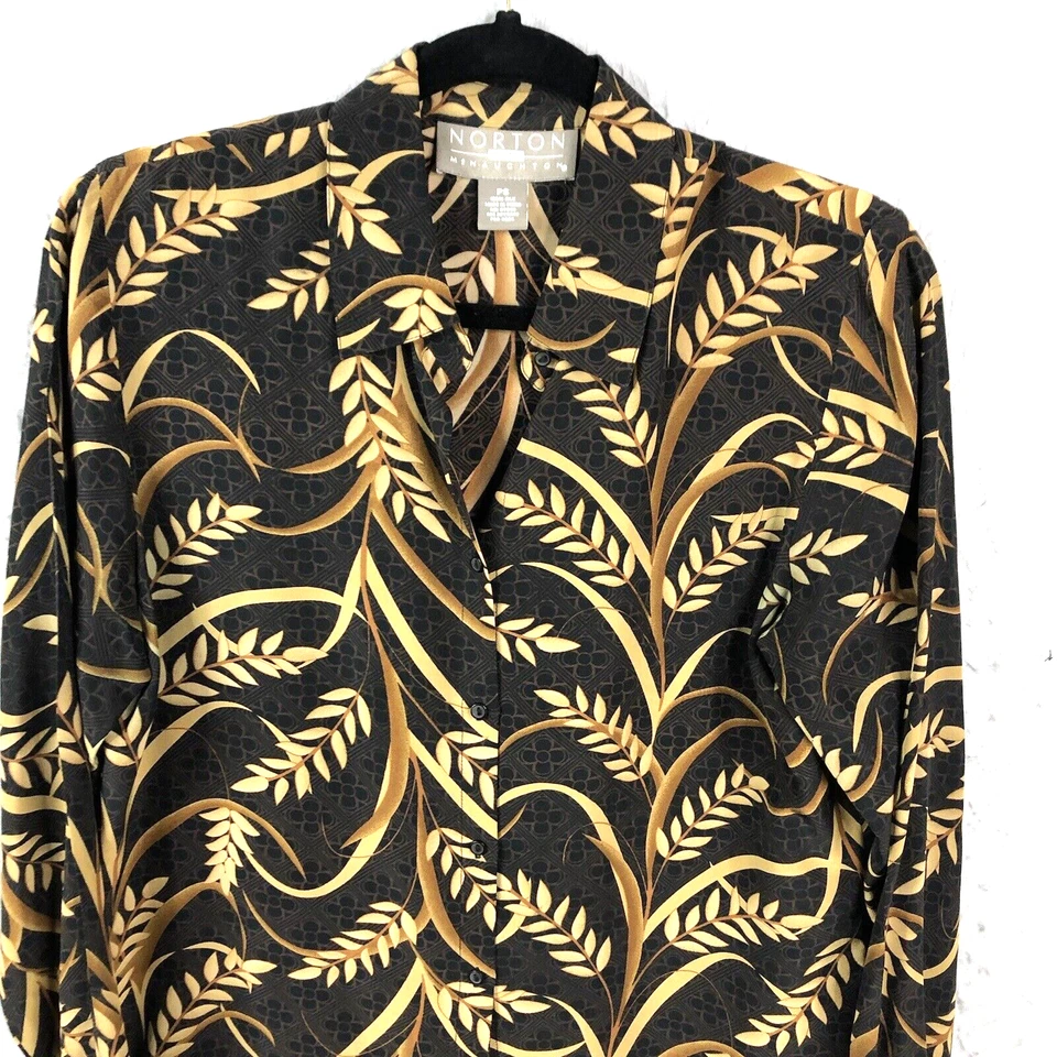 Top Norton McNaughton Mujer PS Petite Pequeño Marrón Hojas 100% Seda Carrera Iglesia Foto 3 de 4