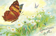 VIntage Postcard-Greetins to All, Butterfly amid Flowers, embossed